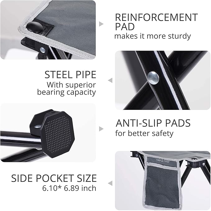 Triple Tree 1 Pack Folding Camping Stool, 13.8 Inch Small Portable Lightweight Stool with Side Pocket, Foot Stool with Carry Bag for Hiking, Fishing and Beach, Hold up to 400lbs, Grey