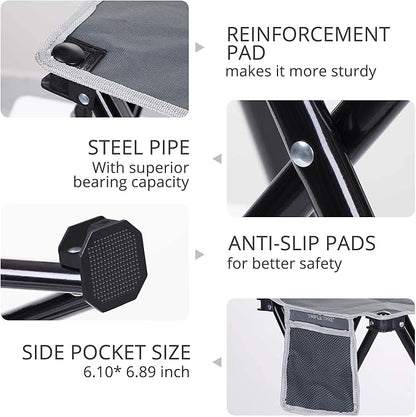 Triple Tree 1 Pack Folding Camping Stool, 13.8 Inch Small Portable Lightweight Stool with Side Pocket, Foot Stool with Carry Bag for Hiking, Fishing and Beach, Hold up to 400lbs, Grey