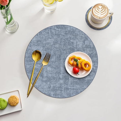 Homaxy Round Faux Leather Placemats and Coasters, Washable Dual-Side Table Mats, Wipeable Heat-Resistant Dining Place Mats for Outdoor and Indoor, Set of 12, Diameter 13 and 3.93 inch, Blue