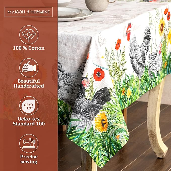 Maison d' Hermine Table Cloth Rectangle Table 100% Cotton 60 x 90 Inches Tablecloth Reusable Decorative for Dining Room, Farmhouse, Home, Party, Festive & Wedding Spring Summer - Basse Cour