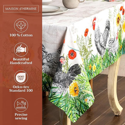 Maison d' Hermine Table Cloth Rectangle Table 100% Cotton 60 x 90 Inches Tablecloth Reusable Decorative for Dining Room, Farmhouse, Home, Party, Festive & Wedding Spring Summer - Basse Cour