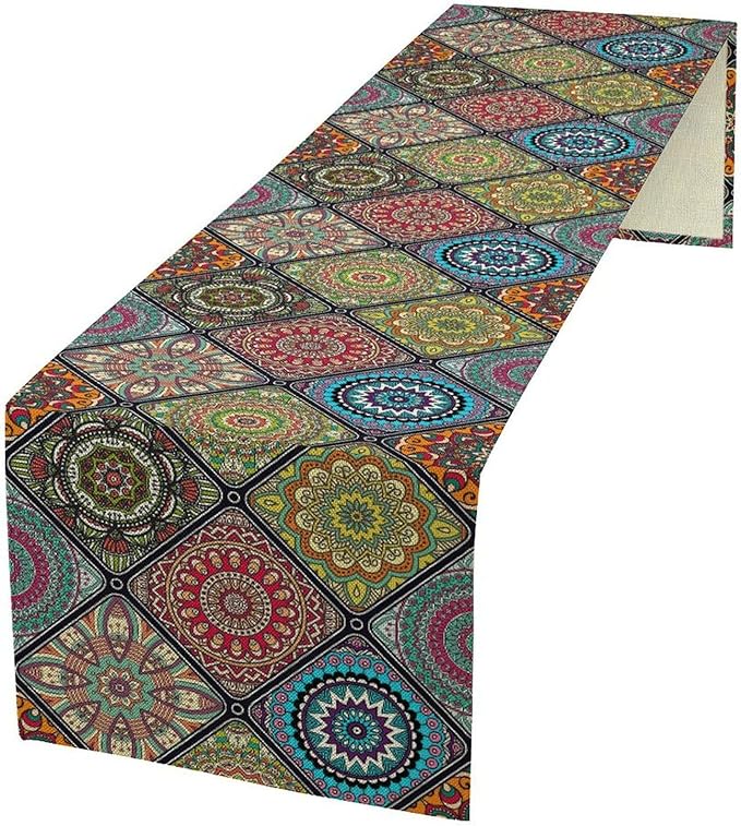 Bohemian Mandala Table Runner, Vintage Colorful Boho Geometric Floral Flower Antique Paisley Rustic Coffee Table Center Decor for Family Kitchen and Living Room Outdoor Table Decorations, 13"x72"