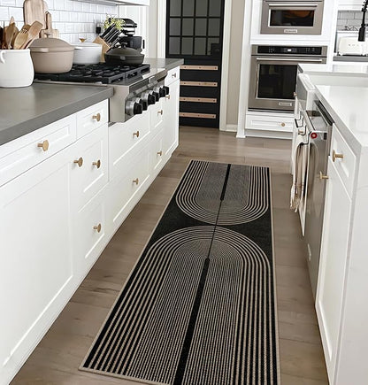 Easy Jute Rainbow Runner Rug, 2x6 Black Washable Rugs Runner for Hallway Non-Slip Boho Farmhouse Kitchen Runner Rug, Modern Abstract Indoor Outdoor Carpet for Porch Laundry Entryway