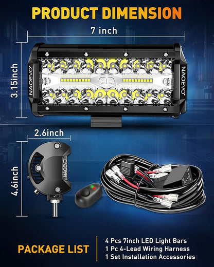 NAOEVO 7 Inch LED Light Bar, LED Off Road/Fog Lights, Work for Truck Tractor Boat ATV UTV, 4 Pcs with 4 Leads Wiring Harness (White)