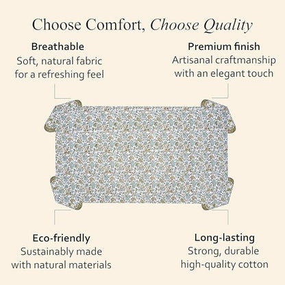 CPC Tablecloth 100% Cotton 80x120 Inch Indian Block Print Rectangle Table Cover, Blue Table Cloth for Weddings, Spring/Summer, Barbeque -Harvest Bloom