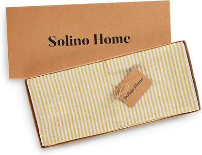 Solino Home Linen Table Runner 36 Inches - Narrow Stripe 100% Pure Linen Spicy Mustard and White Table Runner 14 x 36 Inch Ideal for Dresser and Coffee Tables, Spring, Easter