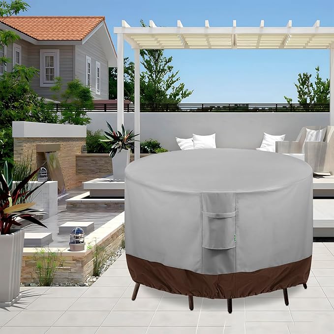 Round Patio Furniture Covers, 72" DIA x 28 H Waterproof Outdoor Furniture Cover for Patio Table & Chair Sets, 600D Heavy-duty UV-Resistant Fade-Proof Protection, Grey & Brown