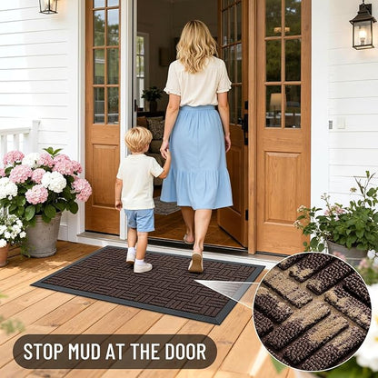 OLANLY Front Door Mat Outside Entrance 29.5x17, Absorbent, Heavy Duty Sturdy Natural Rubber Doormat Indoor Outdoor, Stain and Fade Resistant, Non-Slip Backing Low Profile Floor Mat for Entryway, Brown