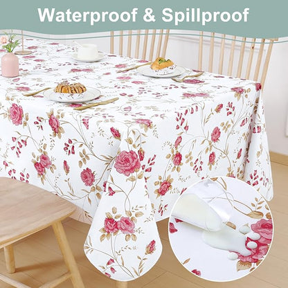 misaya Rectangle Waterproof Vinyl Table Cloth, Plastic Tablecloth with Flannel Backing, Wipeable Table Cover for Dinner, Picnic, Indoor and Outdoor (Pink Flowers, 60" x 84")