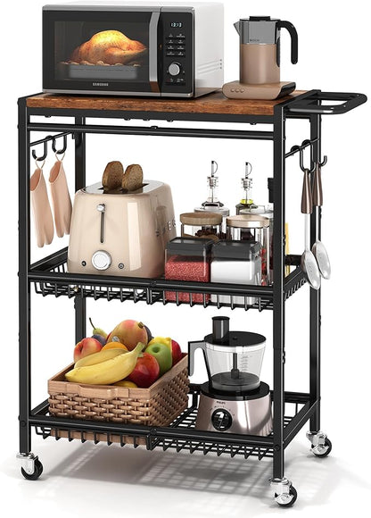 Microwave Kitchen Cart with Push Handle, 3 Tier Rolling Cart with 2 Lockable Wheels, Vintage Kitchen Storage Cart with 210Lbs Capacity for Kitchen Island, Restaurant, Coffee Bar, Living Room, Office