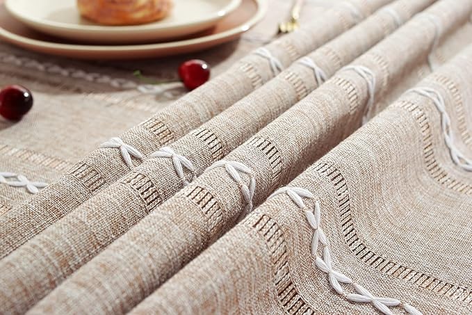 Chassic 60 x 84 inches Farmhouse Style Linen tablecloths, Wrinkle Resistant Washable Dining Room Table Cloths for Rectangle Tables - Hemstitch Light Coffee