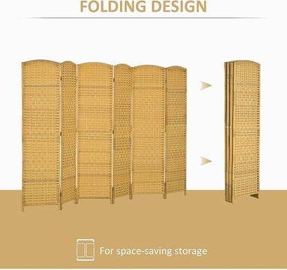 HOMCOM 6 Panel Room Divider, 6' Tall Folding Privacy Screen, Hand-Woven Freestanding Wall Partition for Home Office, Bedroom, Nature Wood