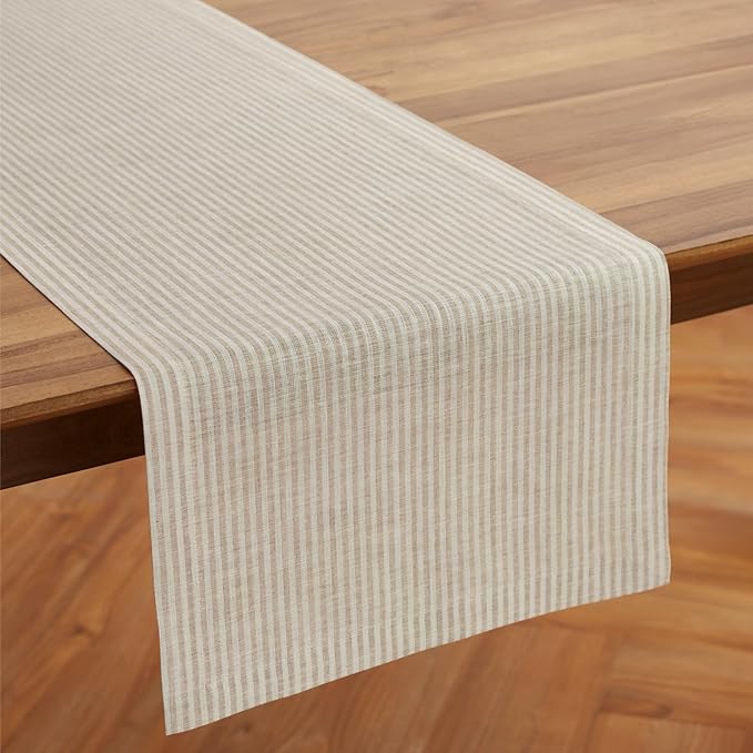 Solino Home Linen Striped Table Runner 120 Inches Long - Narrow Stripe 100% Pure Linen Natural and White Dining Table Runner 14 x 120 Inch for Spring, Easter