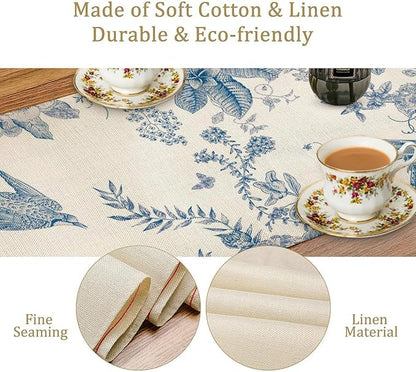 Spring Flower Table Runner, Farmhouse Vintage Blue White Floral Bird Print Table Runner for Kitchen Dining Table Party Wedding Decor, 13x90inch