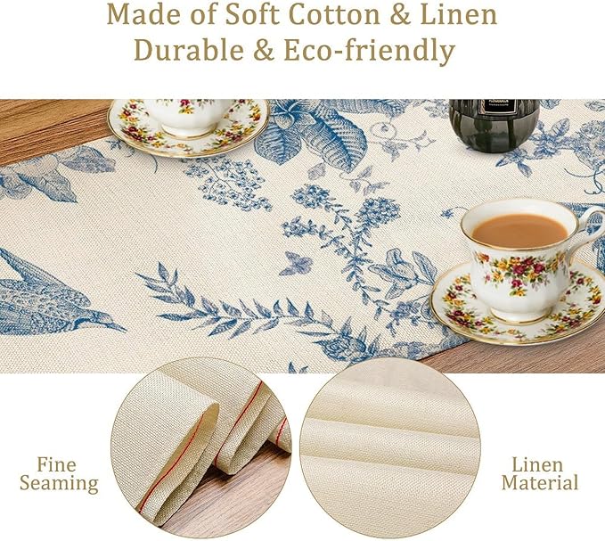 Spring Flower Table Runner, Farmhouse Vintage Blue White Floral Bird Print Table Runner for Kitchen Dining Table Party Wedding Decor, 13x60inch