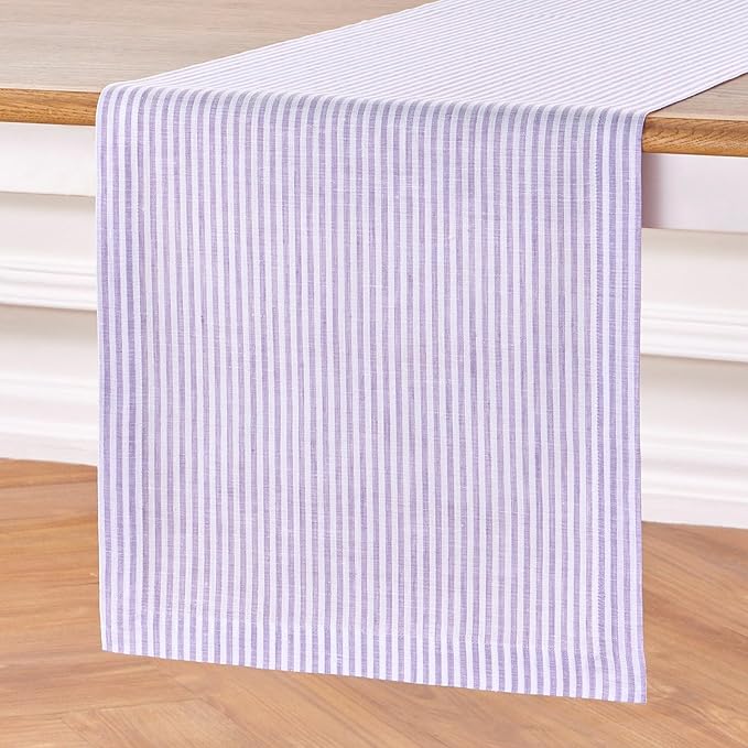 Solino Home Linen Table Runner 36 Inches - Narrow Stripe 100% Pure Linen Lavender and White Farmhouse Table Runner 14 x 36 Inch Ideal for Dresser and Coffee Tables - Valentines, Spring, Easter
