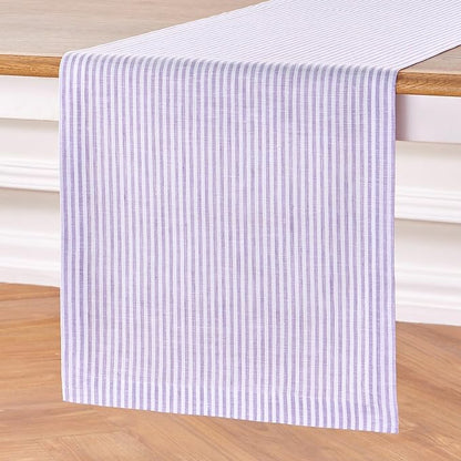 Solino Home Linen Striped Table Runner 60 Inches - Narrow Stripe, 100% Pure Linen Lavender and White Small Table Runner 14 x 60 Inch Ideal for Dresser and Coffee Tables - Valentines, Spring, Easter