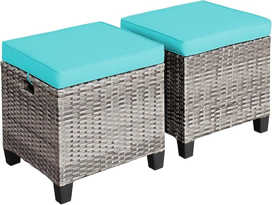Tangkula 2 Pieces Patio Rattan Ottomans, Outdoor Wicker Footstool Footrest Seat with Soft Cushions and Steel Frame, All-Weather Patio Ottoman Set for Backyard Garden Poolside