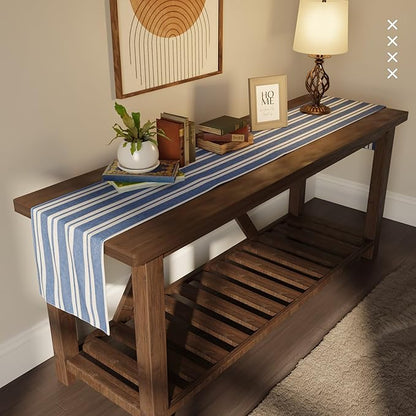 Encasa XO Cotton Dining Table Runner | Franca Blue Stripes | Size 13x59 in - Machine Washable & Durable