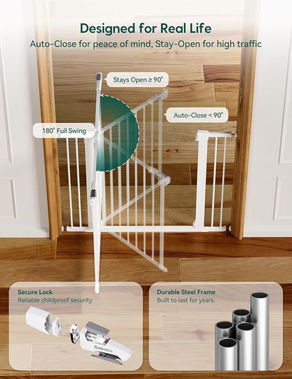 BABELIO 36" Tall Dog Gate PressGuard C5, 26-40" Wide Auto Close Baby Gate, Pressure Mounted Metal Pet Gate, Easy Install No Drilling, No Tools Needed, with Wall Protectors and Extension Kits, White