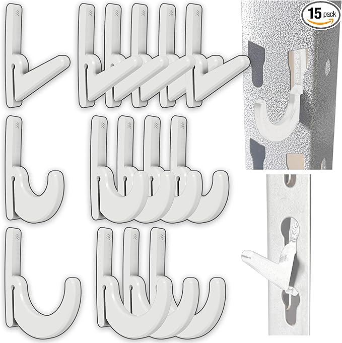 Heavy Duty Plastic L-Hooks and J-Hooks for Garage Shelving, Compatible with Keyhole Slots, UV-Resistant, 40 lbs Load Capacity (15, White L-Hook and J-Hook Assortment)
