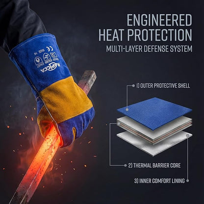 RAPICCA Welding Gloves Fire Heat Resistant: Blue 16IN 932℉ - Fireproof Leather For Stick Mig Flux-Core Welder Forge Blacksmith Fireplace Wood Stove Fire Pit Grill Oven Furnace Handling Dry Ice