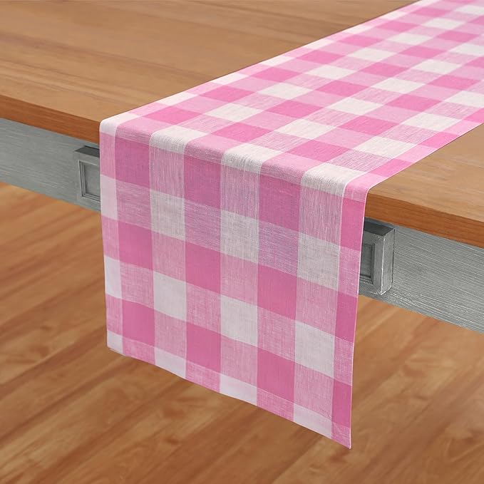 Solino Home Linen Checkered Table Runner 144 Inches Long - 100% Pure Linen Pink Begonia Buffalo Check Extra Long Table Runner 14 x 144 Inch Ideal for Dining, Valentines, Spring, Easter