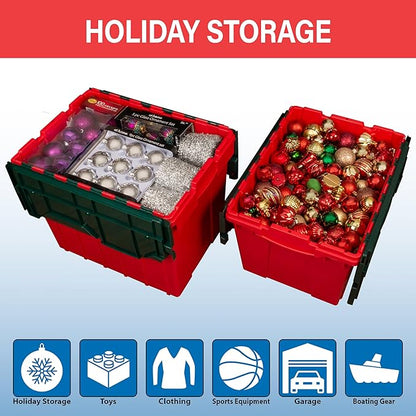 Akro-Mils KeepBox 18 Gallon Storage Container, Nesting and Stackable Plastic Storage Box with Lid Attached, Organizer Tote for Garages, Closets, and Moving, 21" x 15" x 17", Red/Green