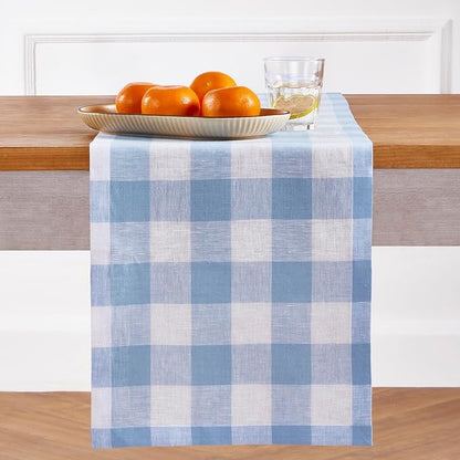 Solino Home Linen Checkered Table Runner 108 Inches Long - 100% Pure Linen Chambray Blue and White Buffalo Check Table Runner 14 x 108 Inch Ideal for Dining, Spring, Easter