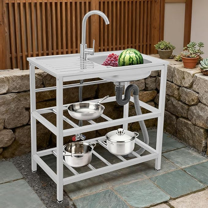 Outdoor Utility Sink, Freestanding Kitchen Sink with Faucet, Utility Sink Freestanding Single Bowl Portable Washing Hand Basin Station with 2 Tier Storage Shelves for Backyard (29.52x 15.74x 30.7in)