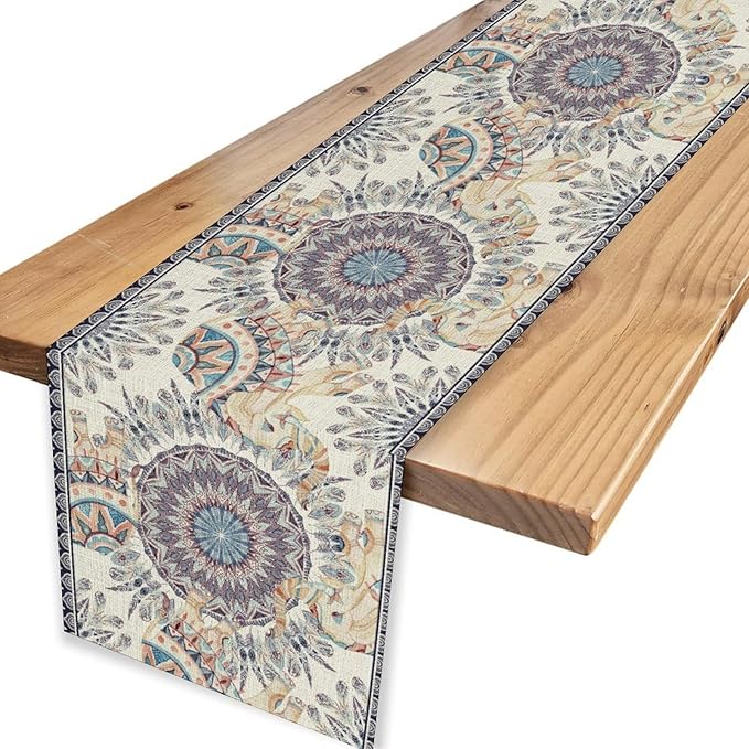 Boho Table Runner, Rustic Blue African Tribe Elephant Indian Diwali Damask Mandala Art Print Ethnic Folk Coffee Table Center Decor for Home Kitchen Holiday Party Outdoor Table Decorations, 13"x72"