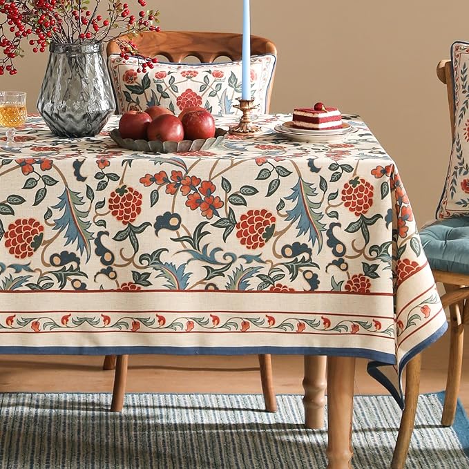 patdrea Designer Vintage Linen Extra Long Tablecloth for Rectangle Table,French Soft Floral Tablecloths,Colorful Table Cover for Kitchen Dining,Parties,Christmas,Thanksgiving,Party,63"x110"-Puno