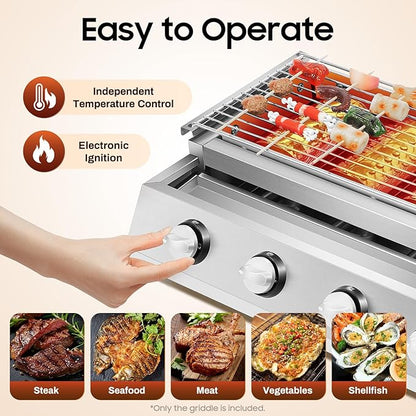 Gas BBQ Grill, Tabletop Outdoor Barbecue Grill with Food Tray Adjustable Height & 4 Independent Temp Control, Portable Stainless Steel Cooking BBQ Griddle For Camping Gatherings and Outdoor Activities