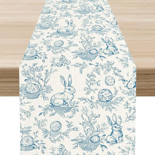 Easter Table Runner,Vintage Blue Beige Bunny Rabbit Easter Eggs Floral Spring Seasonal Table Center Decor for Family Kitchen Living Room Outdoor Farmhouse Party Table Decorations, 13"x90"