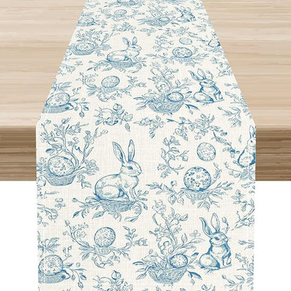 Easter Table Runner,Vintage Blue Beige Bunny Rabbit Easter Eggs Floral Spring Seasonal Table Center Decor for Family Kitchen Living Room Outdoor Farmhouse Party Table Decorations, 13"x36"