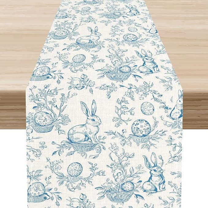 Easter Table Runner,Vintage Blue Beige Bunny Rabbit Easter Eggs Floral Spring Seasonal Table Center Decor for Family Kitchen Living Room Outdoor Farmhouse Party Table Decorations, 13"x108"