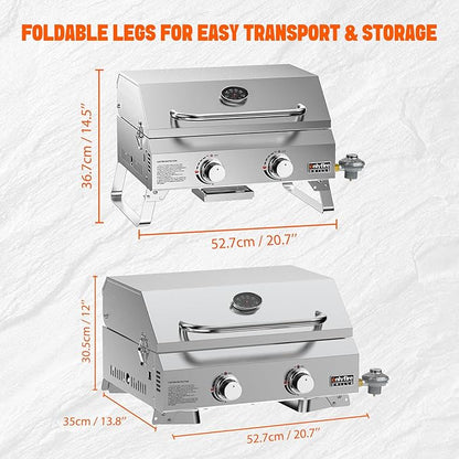 Tabletop Gas Grill 2 Burners, 20" Portable Propane Grill with Foldable Legs for Outdoor Patio Backyard Camping Tailgating RV Trip Beach, Stainless Steel Gas Stove 16000BTU, GS322