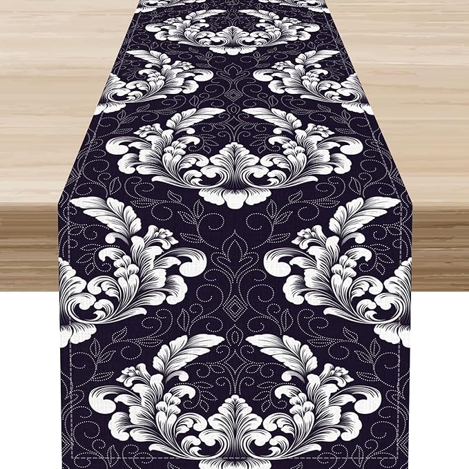 Gothic Table Runner, Antique Retro Damask Floral Bohemian Boho Purple Rustic Vintage Coffee Table Center Decor for Kitchen and Dining Outdoor Home Country Party Table Decorations, 13"x90"