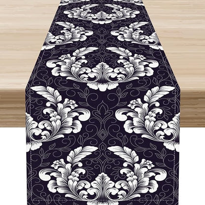Gothic Table Runner, Antique Retro Damask Floral Bohemian Boho Purple Rustic Vintage Coffee Table Center Decor for Kitchen and Dining Outdoor Home Country Party Table Decorations, 13"x36"