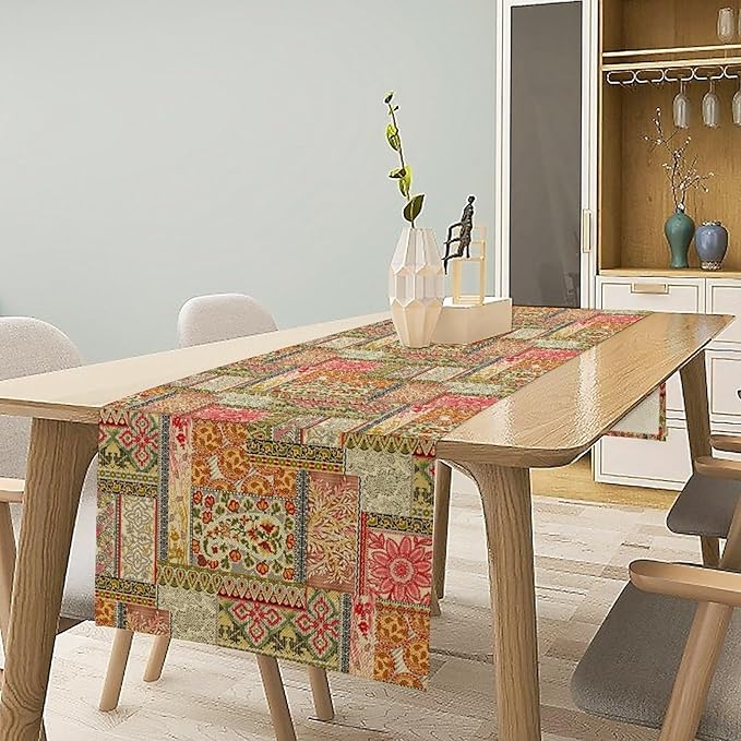 Colorful Patchwork Table Runner, Boho Floral Vintage Wildflower Rustic Paisley Design Table Runner for Dining Coffee Party Holiday Farmhouse 13x90in