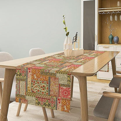 Colorful Patchwork Table Runner, Boho Floral Vintage Wildflower Rustic Paisley Design Table Runner for Dining Coffee Party Holiday Farmhouse 13x36in