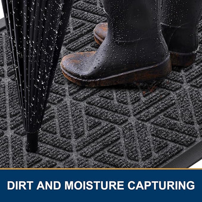 Smiry Front Door Mat Outside Entrance, Heavy Duty Sturdy Natural Rubber Doormat, Trap Dirt and Moisture, Easy Clean Low Profile Mats for Indoor Outdoor Entry, Grid Geometric (36x24, Grey)