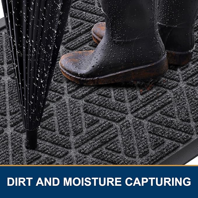 Smiry Front Door Mat Outside Entrance, Heavy Duty Sturdy Natural Rubber Doormat, Trap Dirt and Moisture, Easy Clean Low Profile Mats for Indoor Outdoor Entry, Grid Geometric (59x24, Grey)