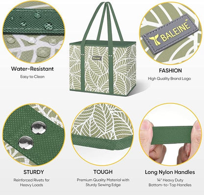 BALEINE 3Pk Reusable Grocery Bags, Foldable Shopping Bags for Groceries with Reinforced Bottom & Handles (Antique Foliage) | 3Pk, for Groceries, & Handles