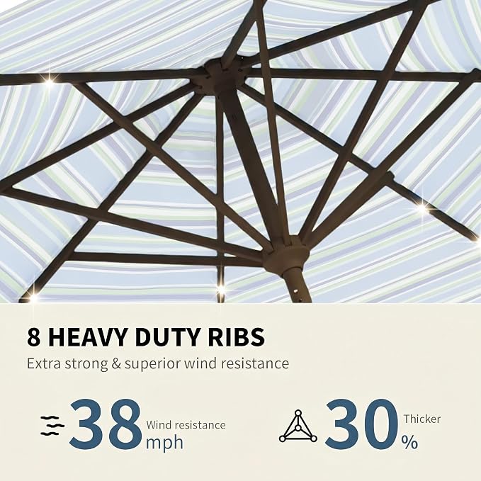 9FT Patio Umbrella with Solar Lights, Outdoor Market Umbrella with Tilt and - Image 3