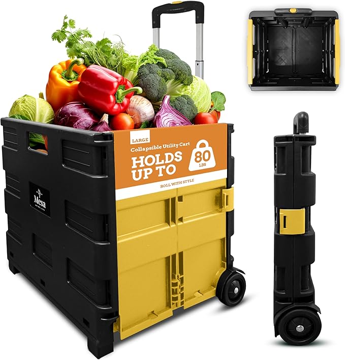 Inspired Living Ultra-Slim Rolling Collapsible Storage Pack-N-Roll Utility-carts, with Telescopic Handle, for Home, Garden, Shopping, Office, School use, Large, Yellow & Black