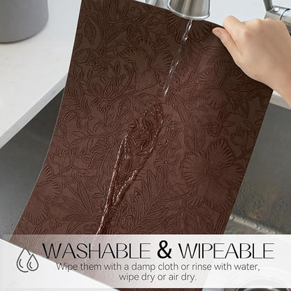 Romanstile Vinyl Placemats Set of 4-12 X 18 Inch - Heat Resistant Non-Slip Embossed Floral Place Mats 100% Waterproof Oilproof Wipeable Faux Leather Table Mats for Kitchen/Dining/Party, Brown