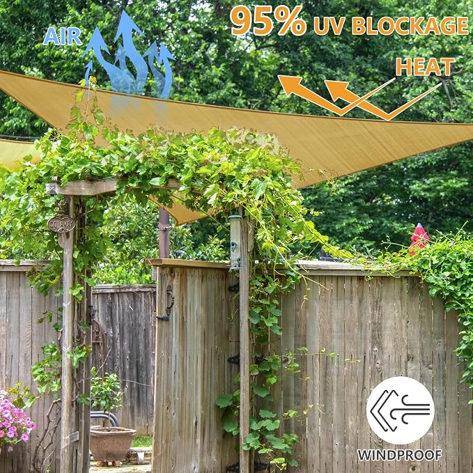 10' x 10' x 10' Triangle Sun Shade Sail, 185 GSM HDPE, Sand | 95% UV block - Image 6