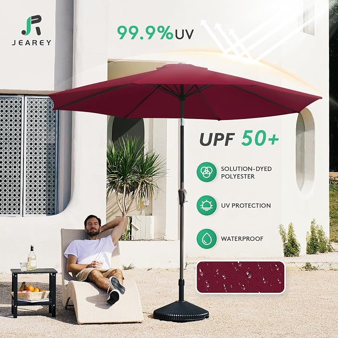 JEAREY 10 ft Outdoor Patio Umbrella w/Tilt and Crank, Wine Red | 8 Sturdy Ribs - Image 3