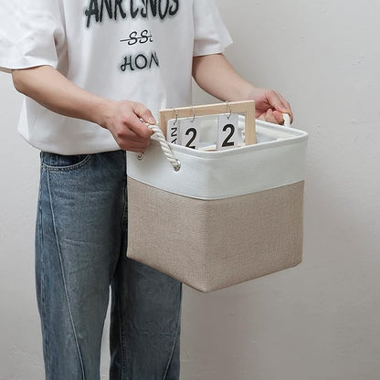 11 x 11 Inch Cube Storage Bins, 6 Pack Large Collapsible Fabric Storage Bin with Ropes, Foldable Storage Cubes for Home, Office,Closet, Clothes, Toys Organizer (White & Beige-11"x11"x11")